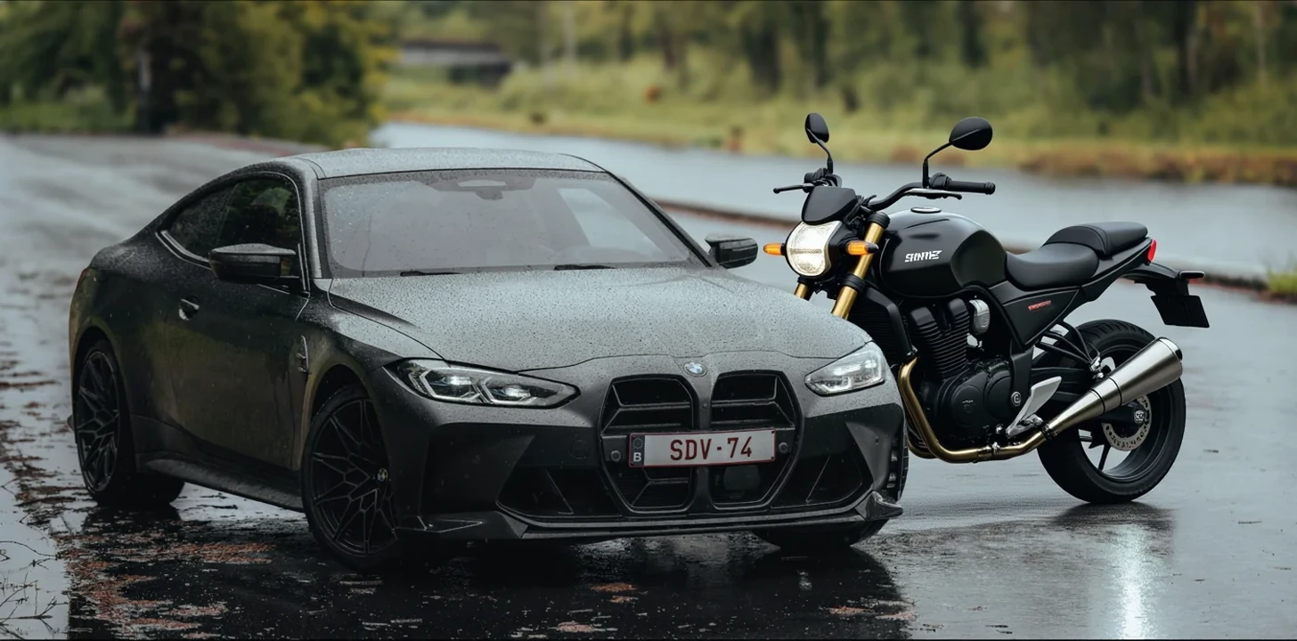 Kontext result for Replace the car in the red circle with a motorcycle.