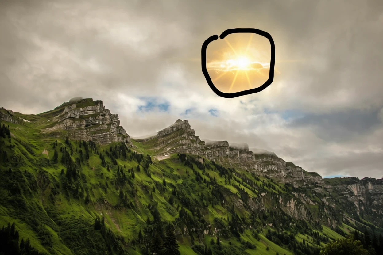 Qwen-Edit-2509 result for Add a sun inside the black circle in a clear sky.