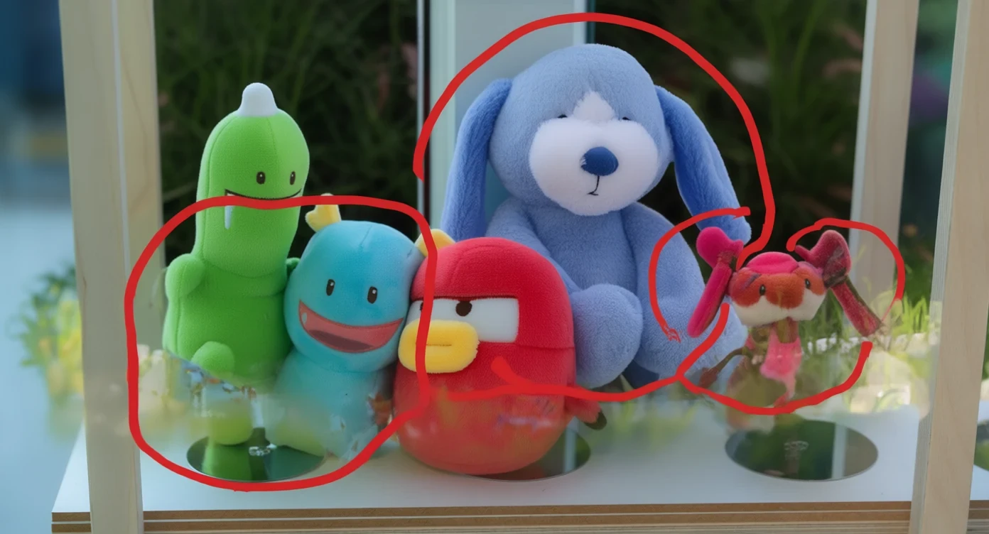 Qwen-Edit-2509 result for Replace the toy in the red circle of the first image with the toy in the red circle of the second image.