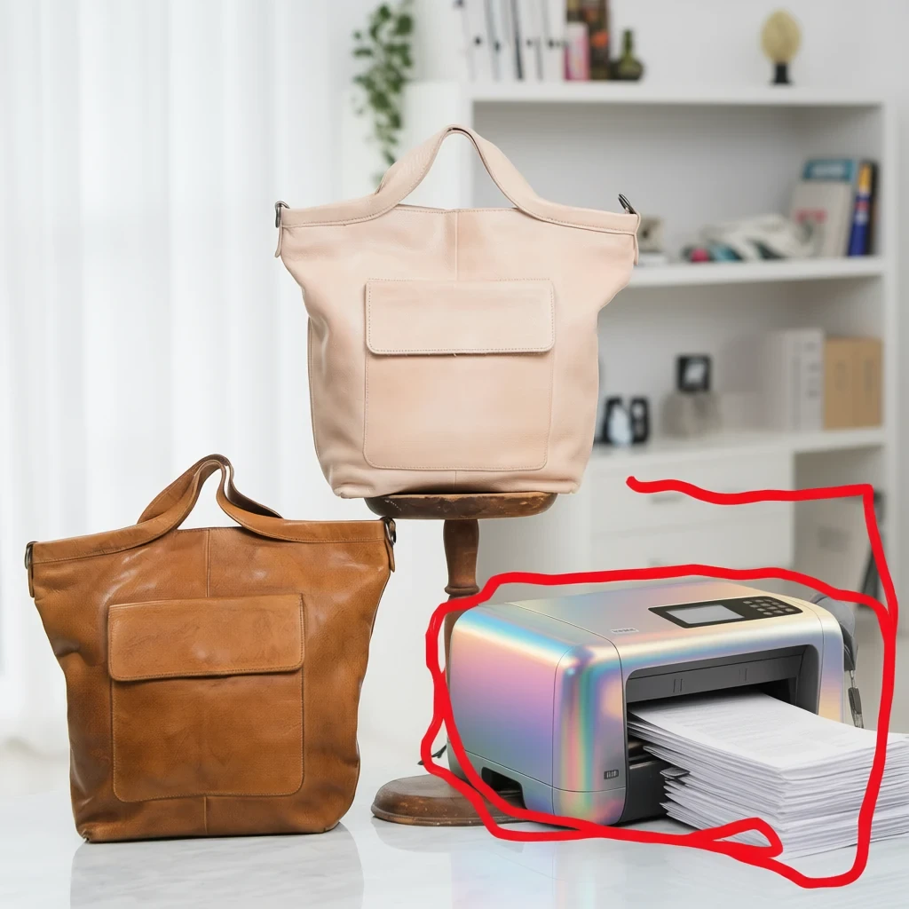 Qwen-Edit-2509 result for Make the bag in the red circle of the first image have the same color scheme as the printer in the red circle of the second image.