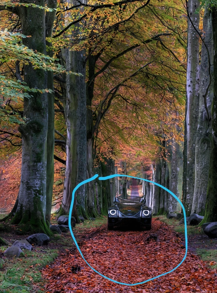 Qwen-Edit-2509 result for Add a black car inside the blue circle.