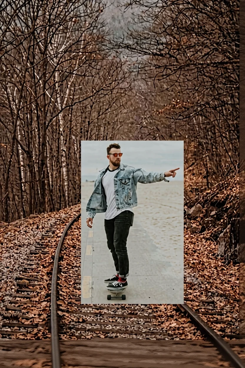 Kontext result for The man walks on the rail. Fuse the image.