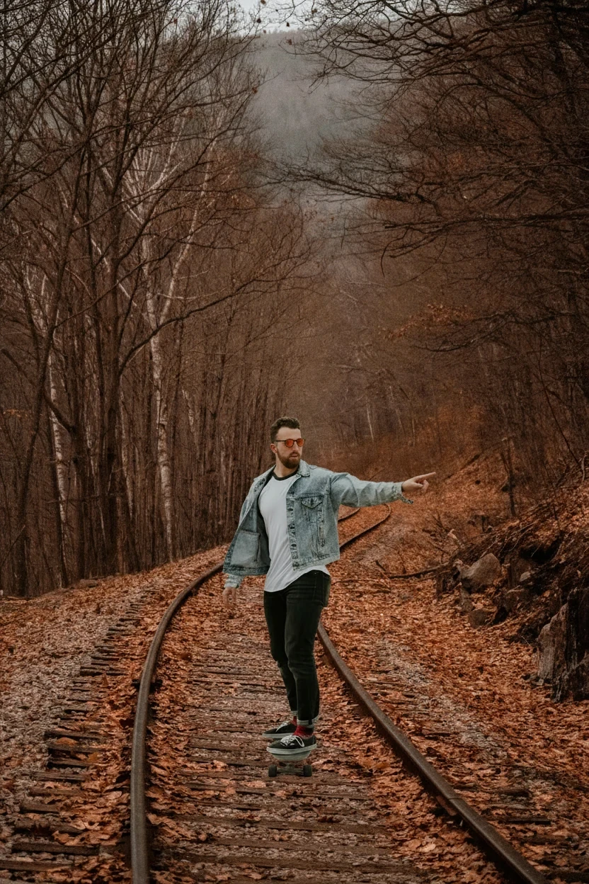 Nano Banana result for The man walks on the rail. Fuse the image.