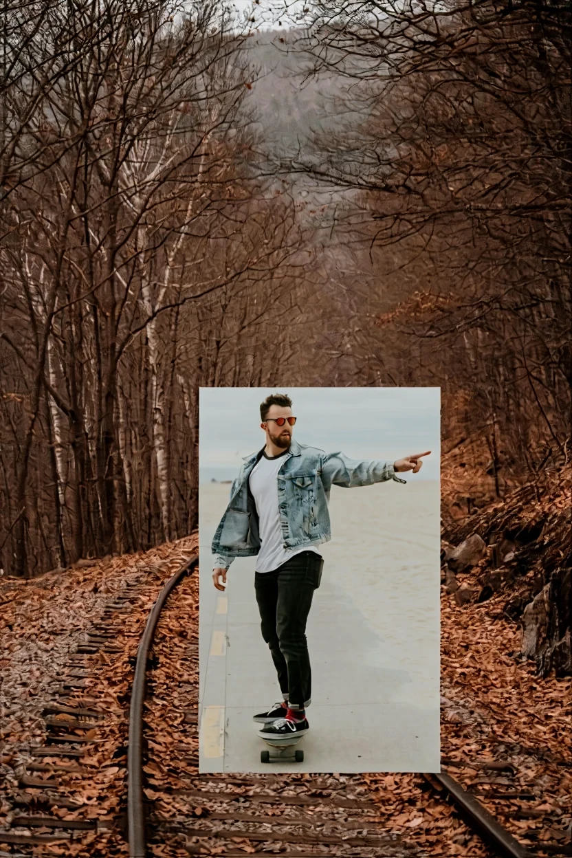 OmniGen2 result for The man walks on the rail. Fuse the image.