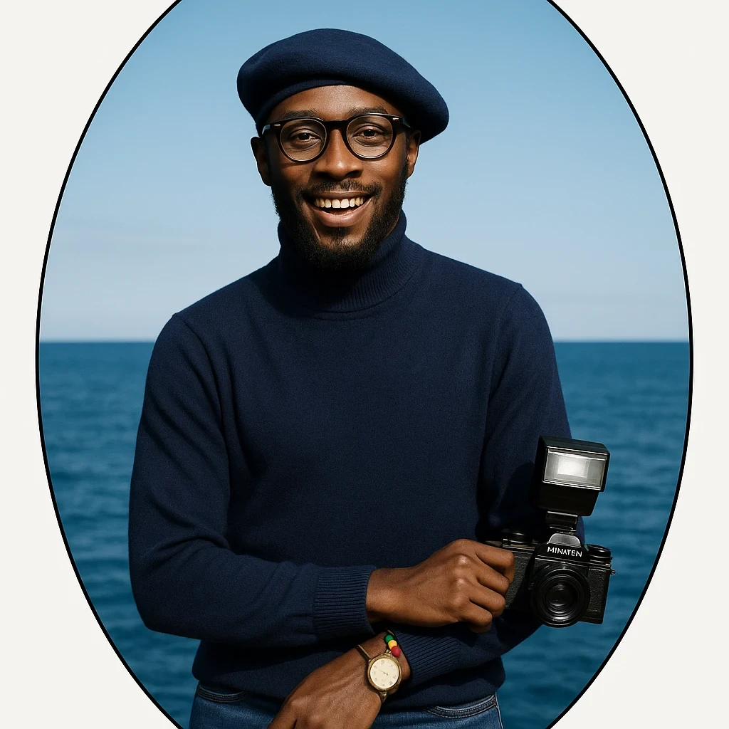 GPT-4o result for In the black circle of image 1, the man from image 2 is standing, with a vast blue ocean as the background.