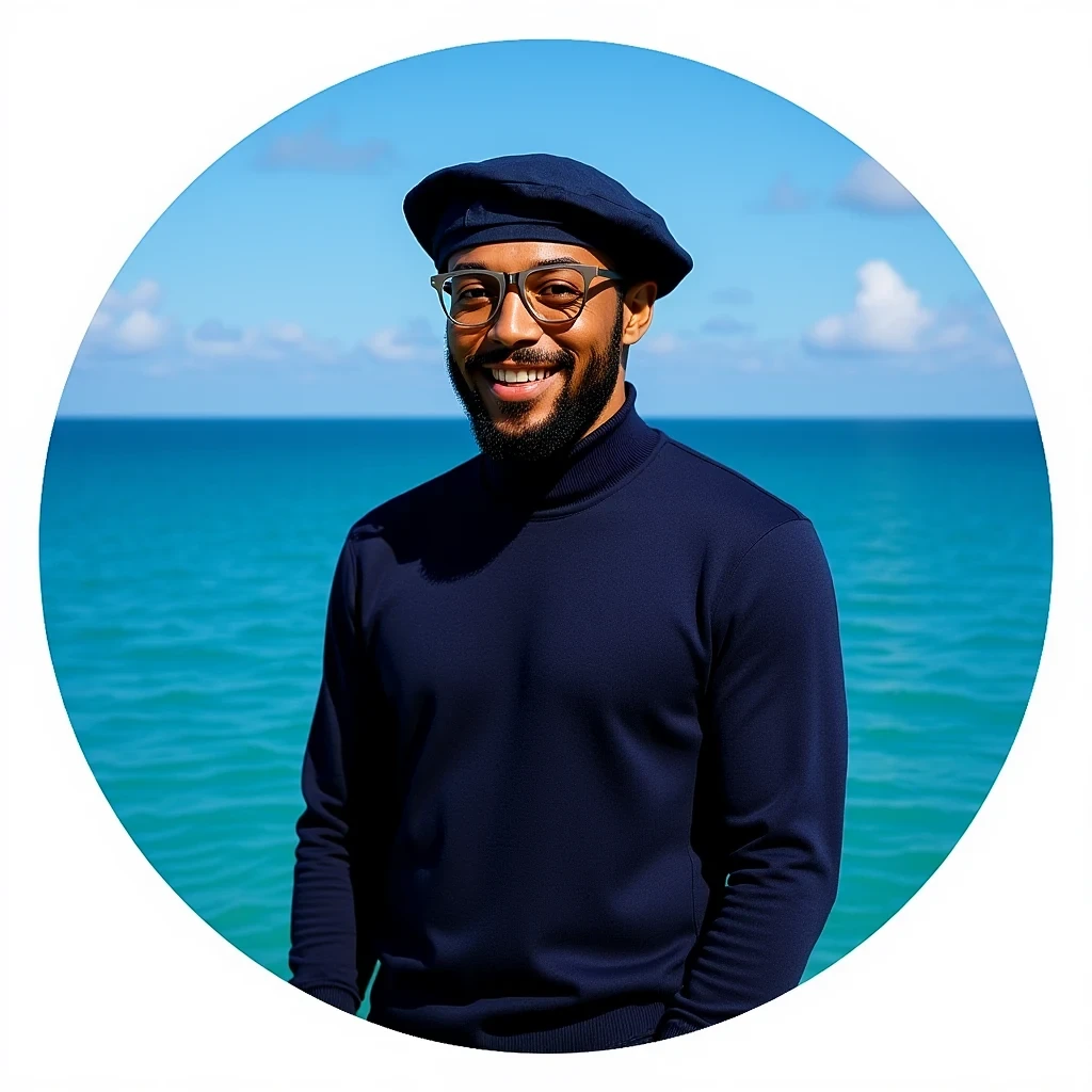 Kontext result for In the black circle of image 1, the man from image 2 is standing, with a vast blue ocean as the background.