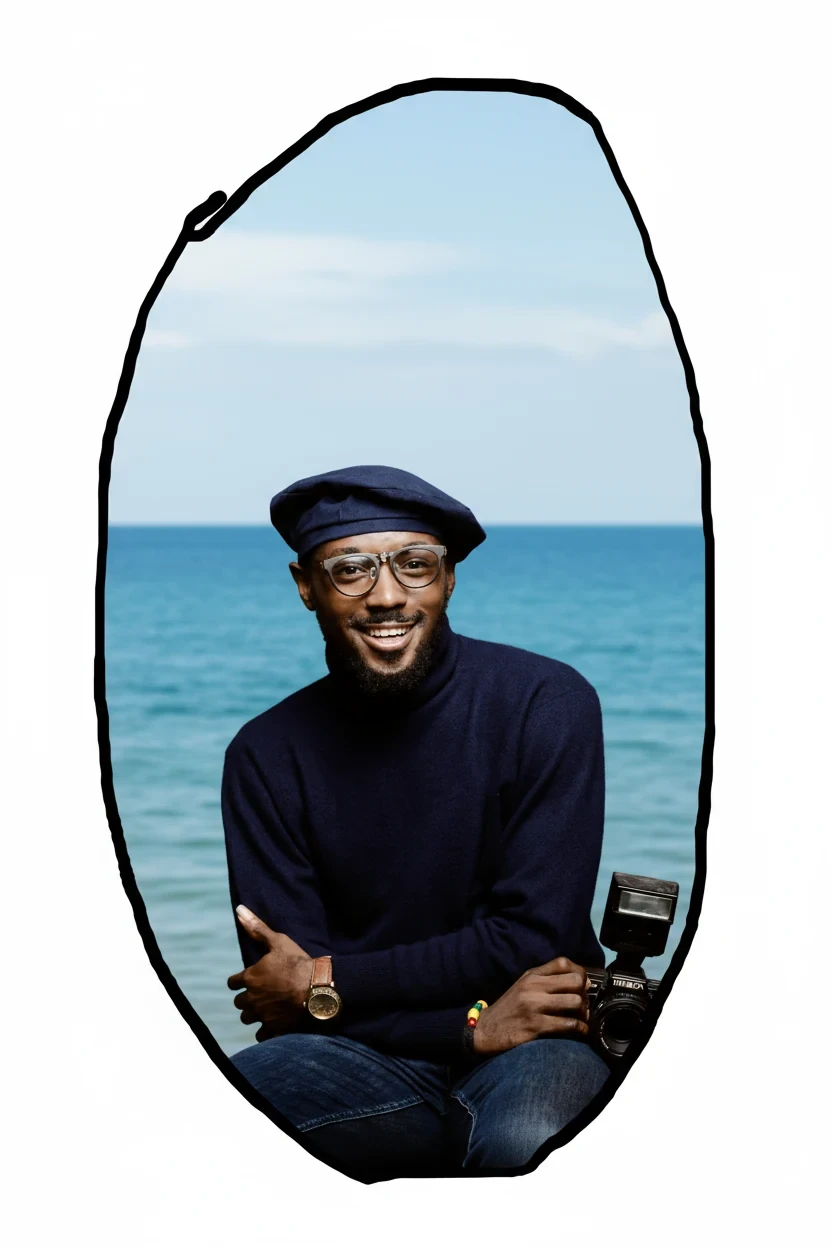 Nano Banana result for In the black circle of image 1, the man from image 2 is standing, with a vast blue ocean as the background.
