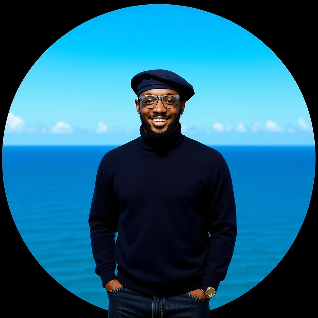 OmniGen2 result for In the black circle of image 1, the man from image 2 is standing, with a vast blue ocean as the background.