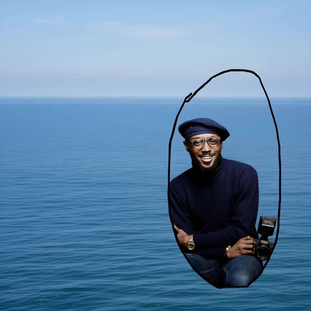 Qwen-Edit-2509 result for In the black circle of image 1, the man from image 2 is standing, with a vast blue ocean as the background.