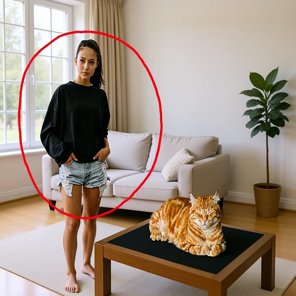 Kontext result for In the living room, the woman from image 2 is standing in the red circle of image 1, and the cat from image 3 is sleeping in the black square of image 1, resting on the table.