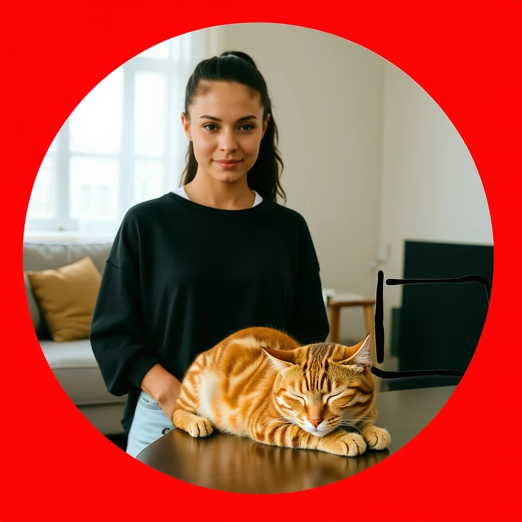 OmniGen2 result for In the living room, the woman from image 2 is standing in the red circle of image 1, and the cat from image 3 is sleeping in the black square of image 1, resting on the table.