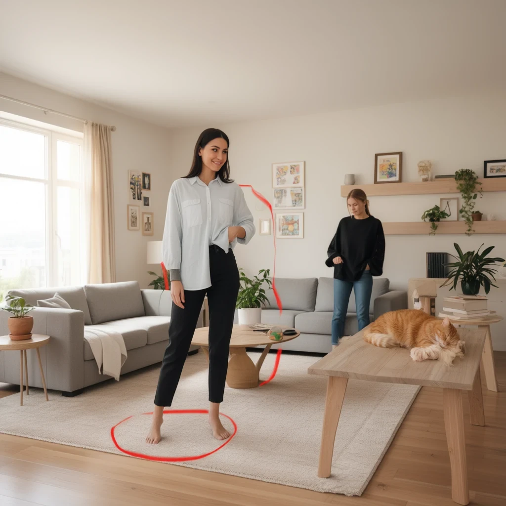 Qwen-Edit-2509 result for In the living room, the woman from image 2 is standing in the red circle of image 1, and the cat from image 3 is sleeping in the black square of image 1, resting on the table.