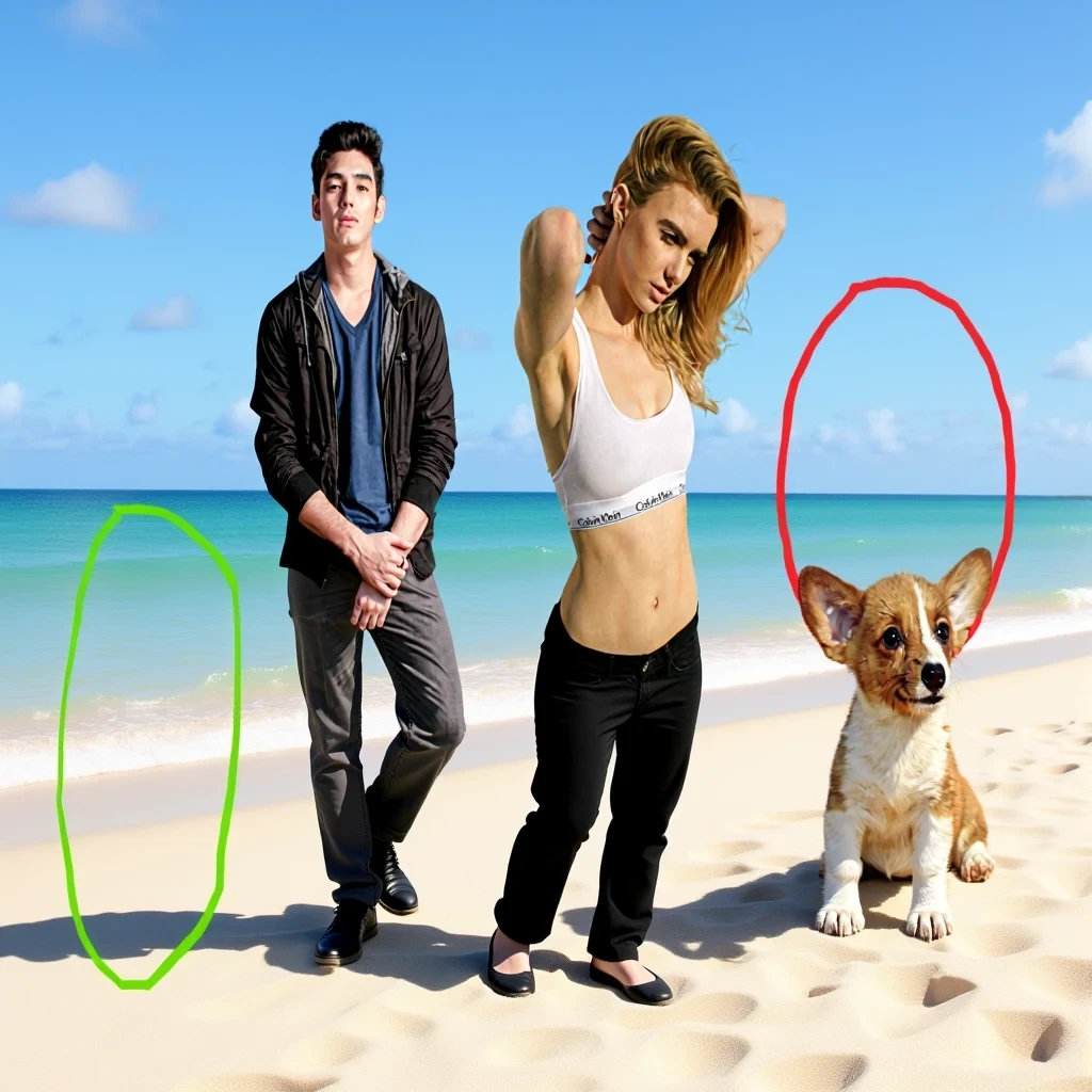 Kontext result for On the beach, the man from image 2 is standing in the green circle of image 1, the woman from image 3 is standing in the red circle of image 1, and the dog from image 4 is standing in the black box of image 1.