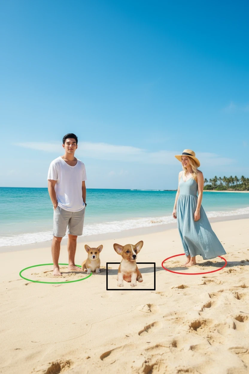 Nano Banana result for On the beach, the man from image 2 is standing in the green circle of image 1, the woman from image 3 is standing in the red circle of image 1, and the dog from image 4 is standing in the black box of image 1.