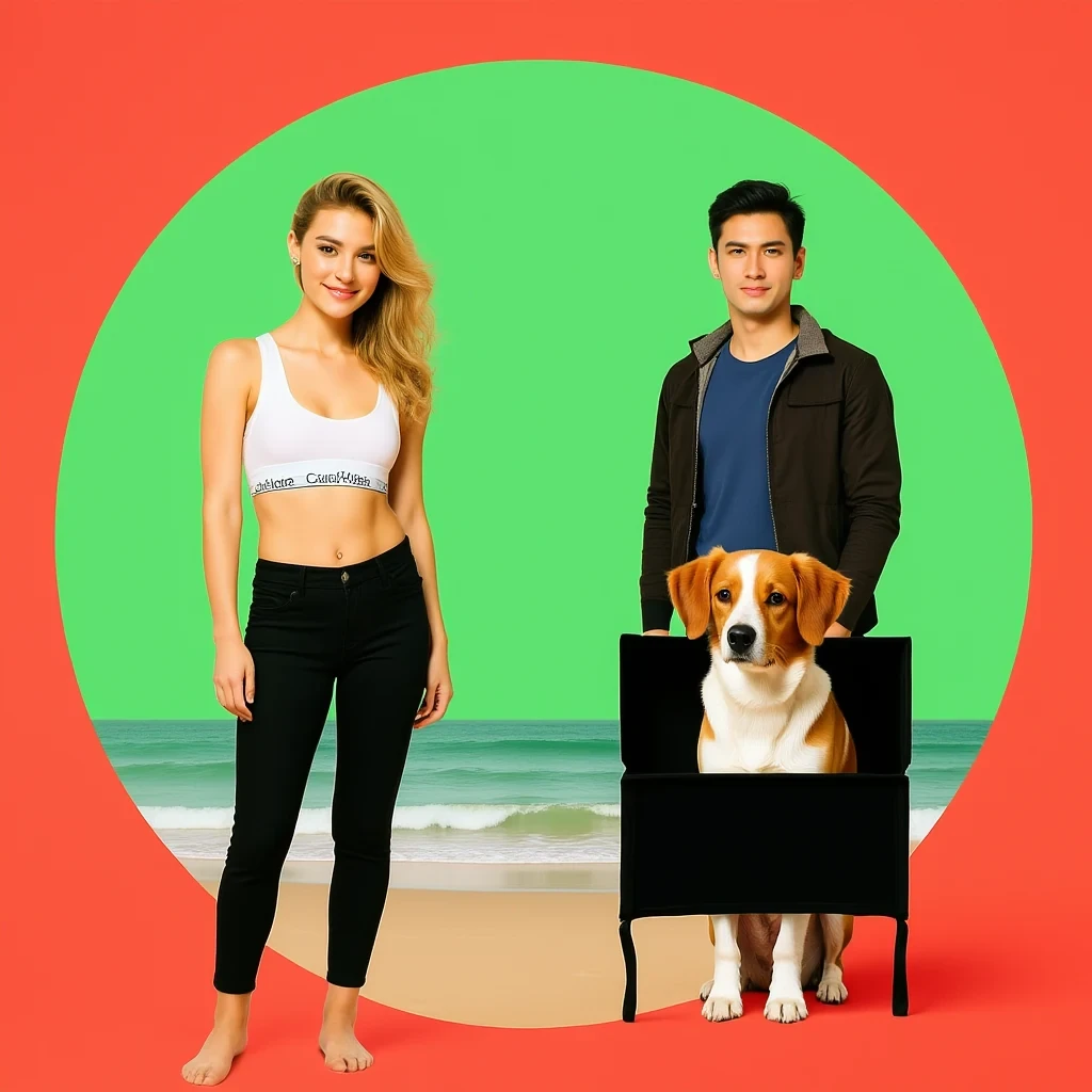 OmniGen2 result for On the beach, the man from image 2 is standing in the green circle of image 1, the woman from image 3 is standing in the red circle of image 1, and the dog from image 4 is standing in the black box of image 1.