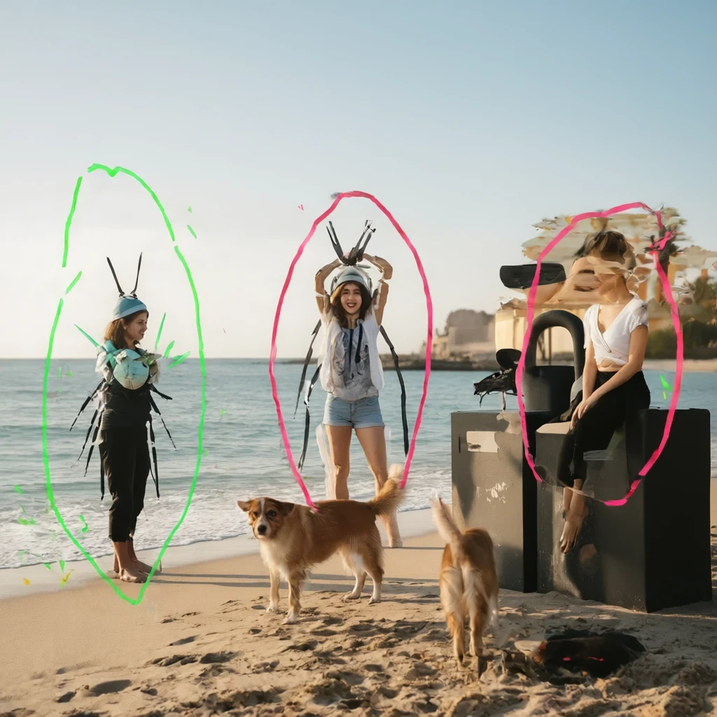 Qwen-Edit-2509 result for On the beach, the man from image 2 is standing in the green circle of image 1, the woman from image 3 is standing in the red circle of image 1, and the dog from image 4 is standing in the black box of image 1.