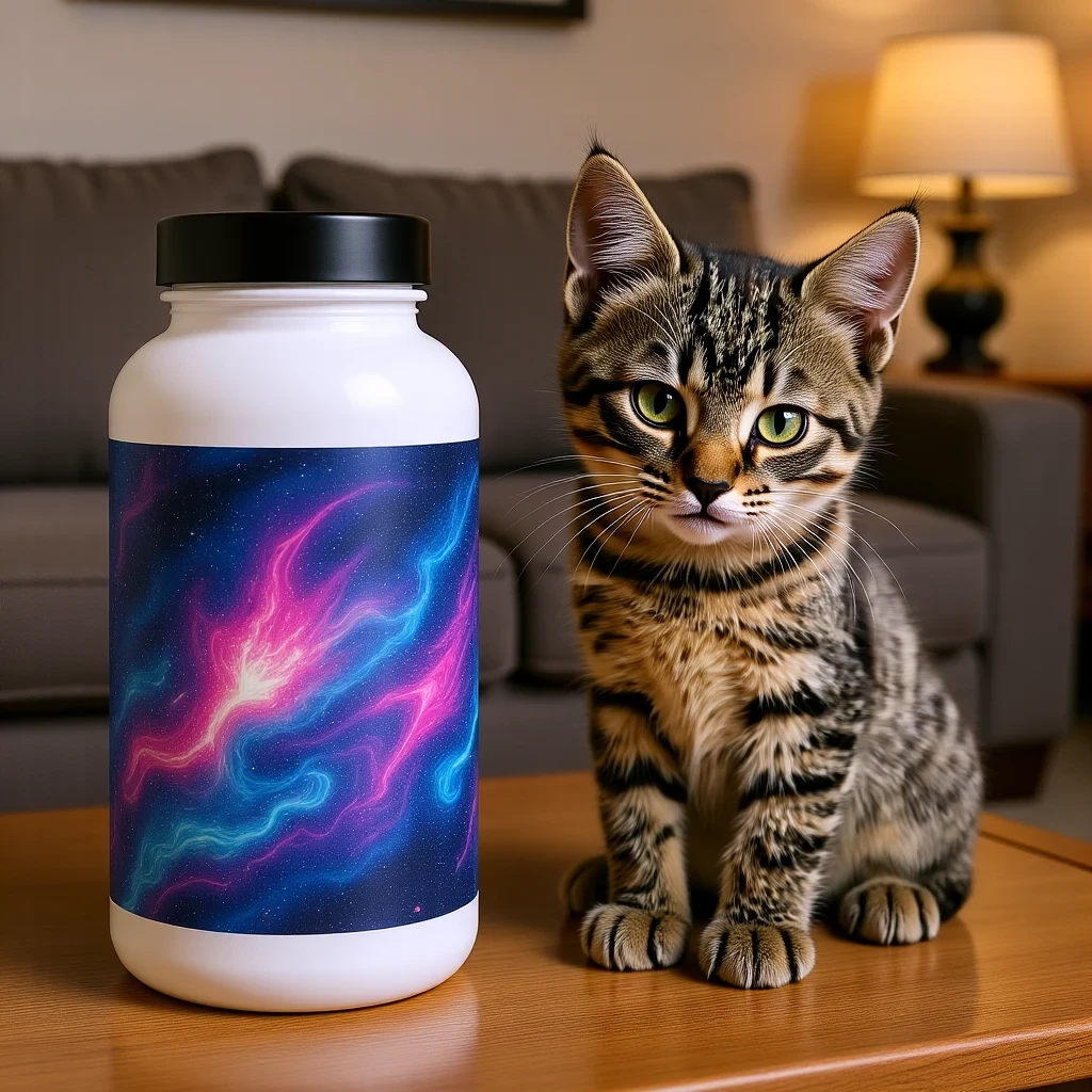 DreamOmni2 result for In the living room, the bottle from image 3 is placed in the black circle of image 1 and has the same pattern as image 4. The cat from image 2 stands in the red circle.