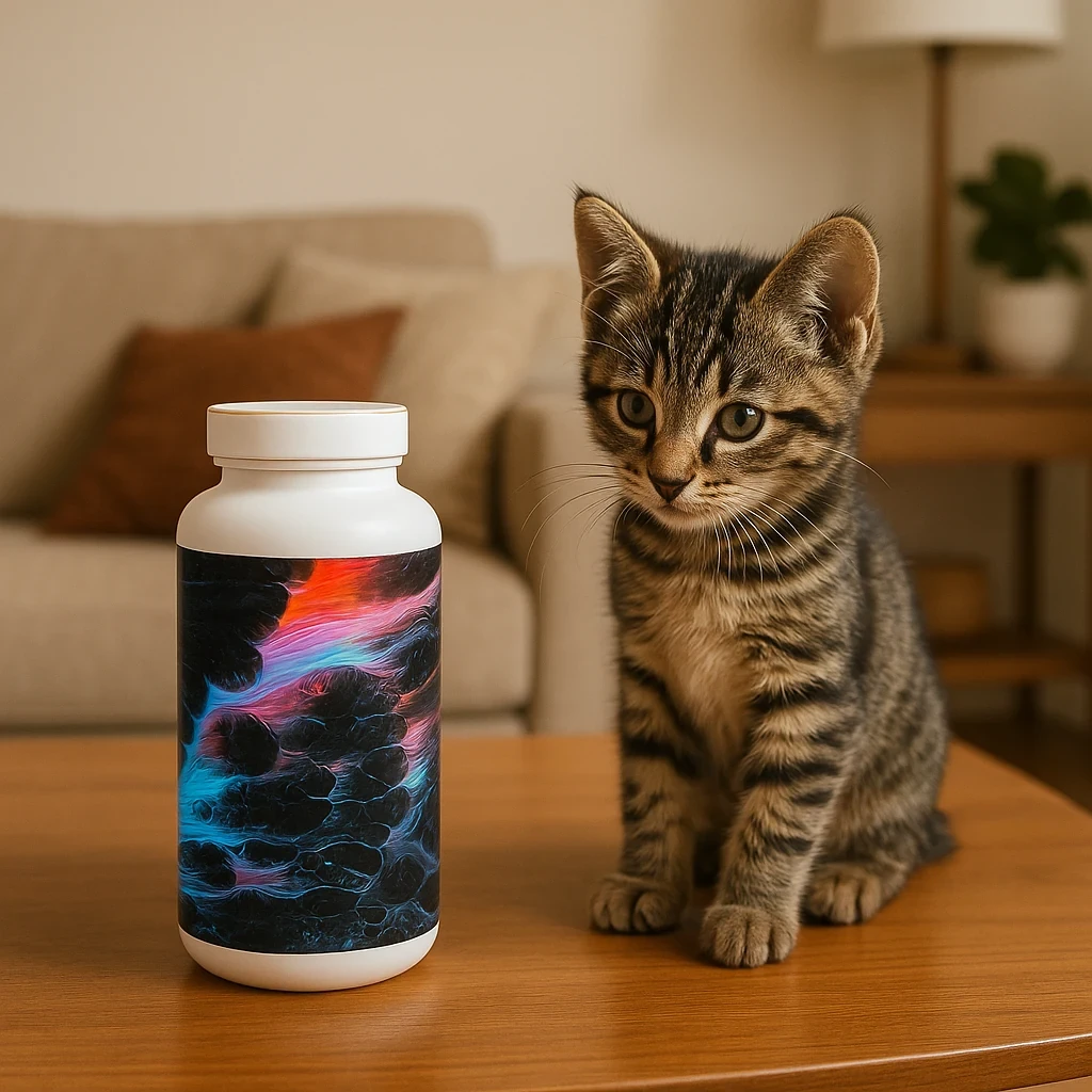 GPT-4o result for In the living room, the bottle from image 3 is placed in the black circle of image 1 and has the same pattern as image 4. The cat from image 2 stands in the red circle.
