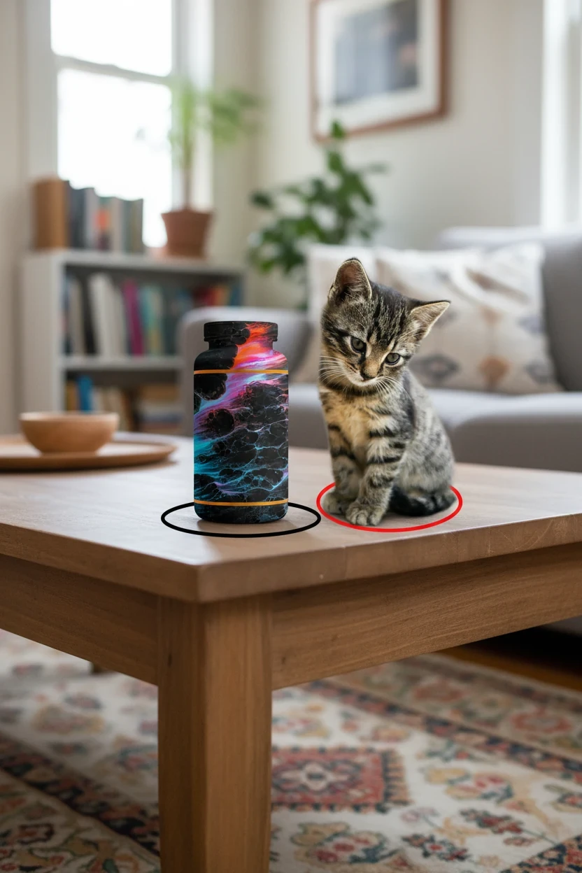 Nano Banana result for In the living room, the bottle from image 3 is placed in the black circle of image 1 and has the same pattern as image 4. The cat from image 2 stands in the red circle.