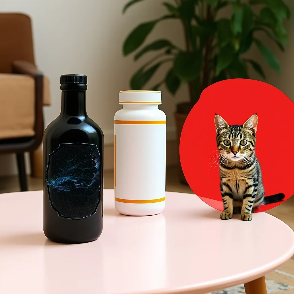 OmniGen2 result for In the living room, the bottle from image 3 is placed in the black circle of image 1 and has the same pattern as image 4. The cat from image 2 stands in the red circle.