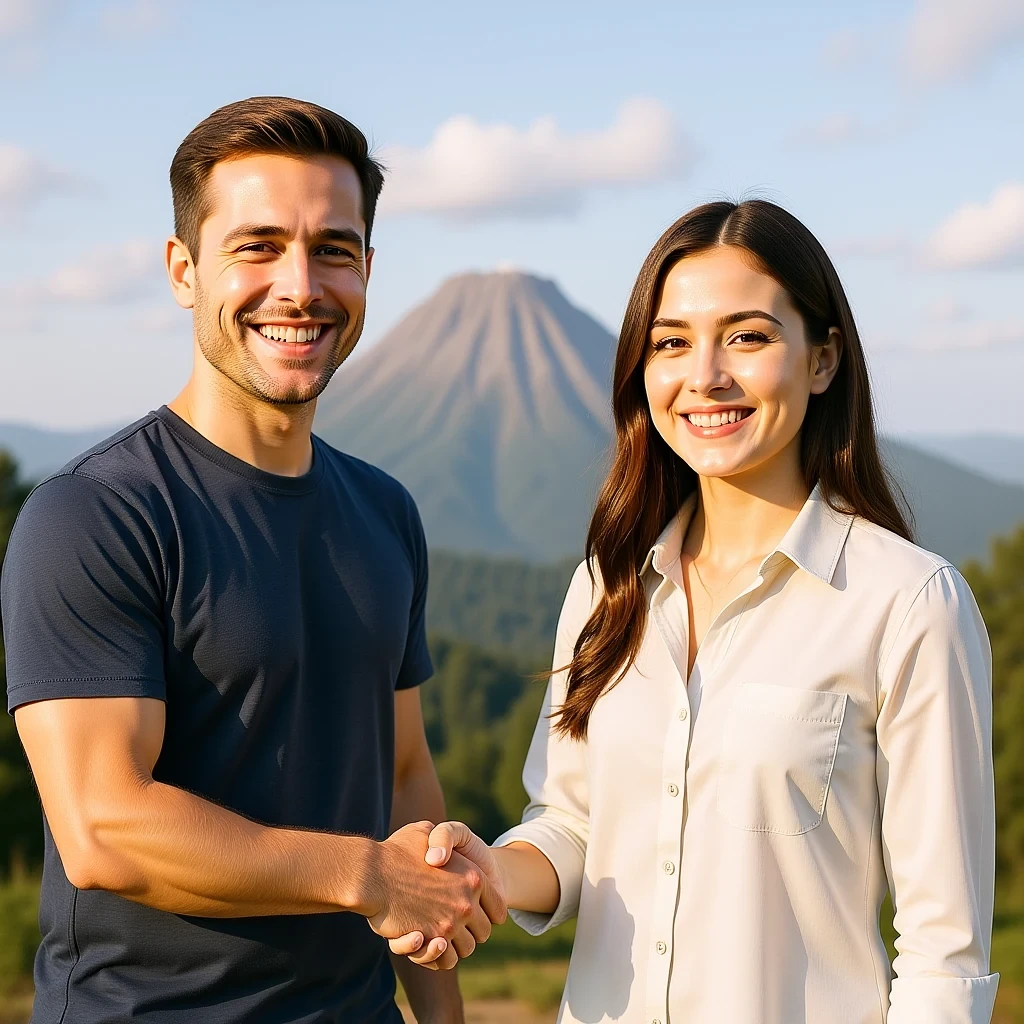 DreamOmni2 result for A man is in the red circle, and a woman with long hair is in the green circle. They are shaking hands, with a volcano in the background.