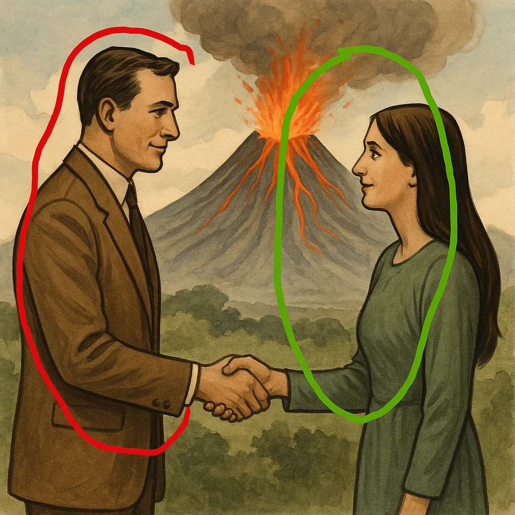 GPT-4o result for A man is in the red circle, and a woman with long hair is in the green circle. They are shaking hands, with a volcano in the background.