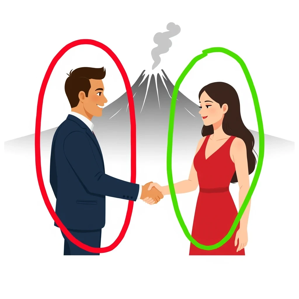 Kontext result for A man is in the red circle, and a woman with long hair is in the green circle. They are shaking hands, with a volcano in the background.