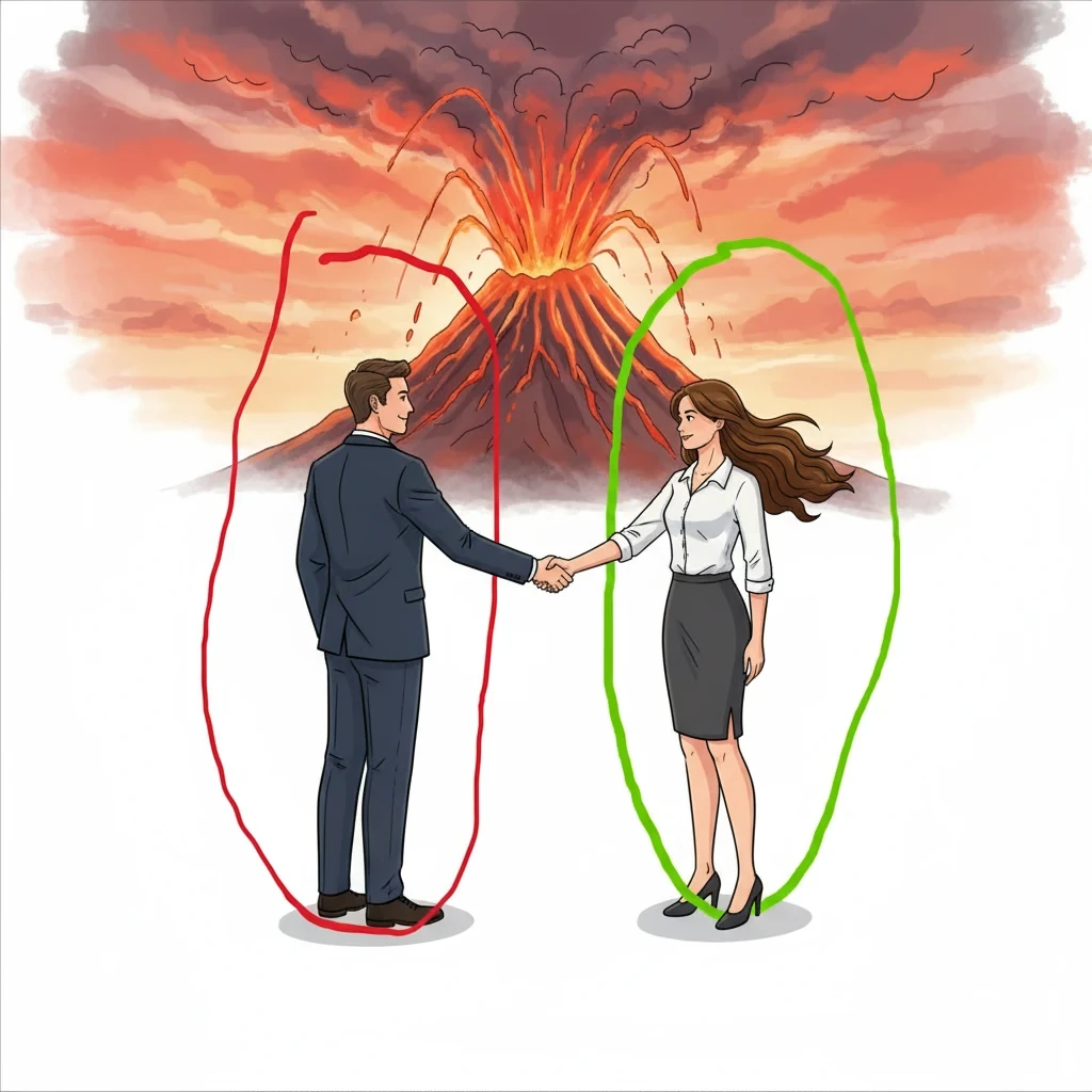 Nano Banana result for A man is in the red circle, and a woman with long hair is in the green circle. They are shaking hands, with a volcano in the background.