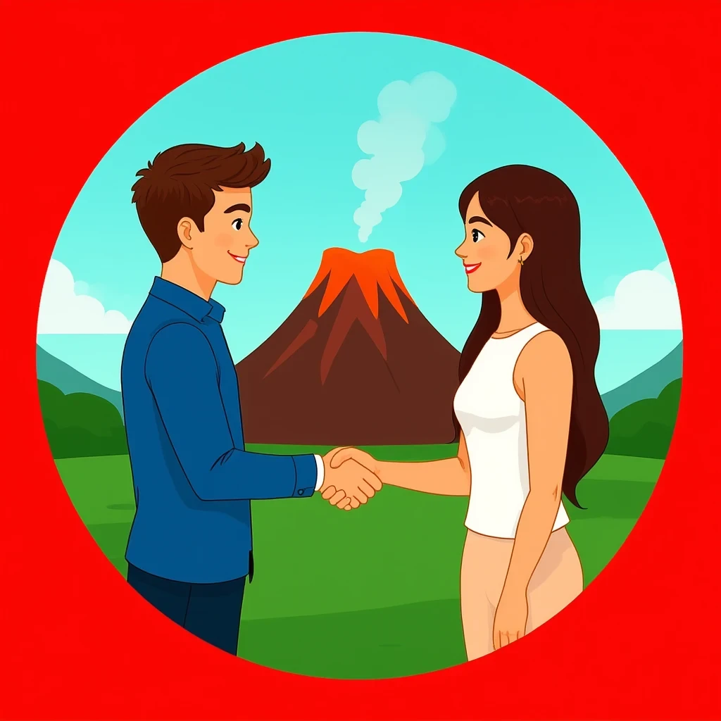 OmniGen2 result for A man is in the red circle, and a woman with long hair is in the green circle. They are shaking hands, with a volcano in the background.