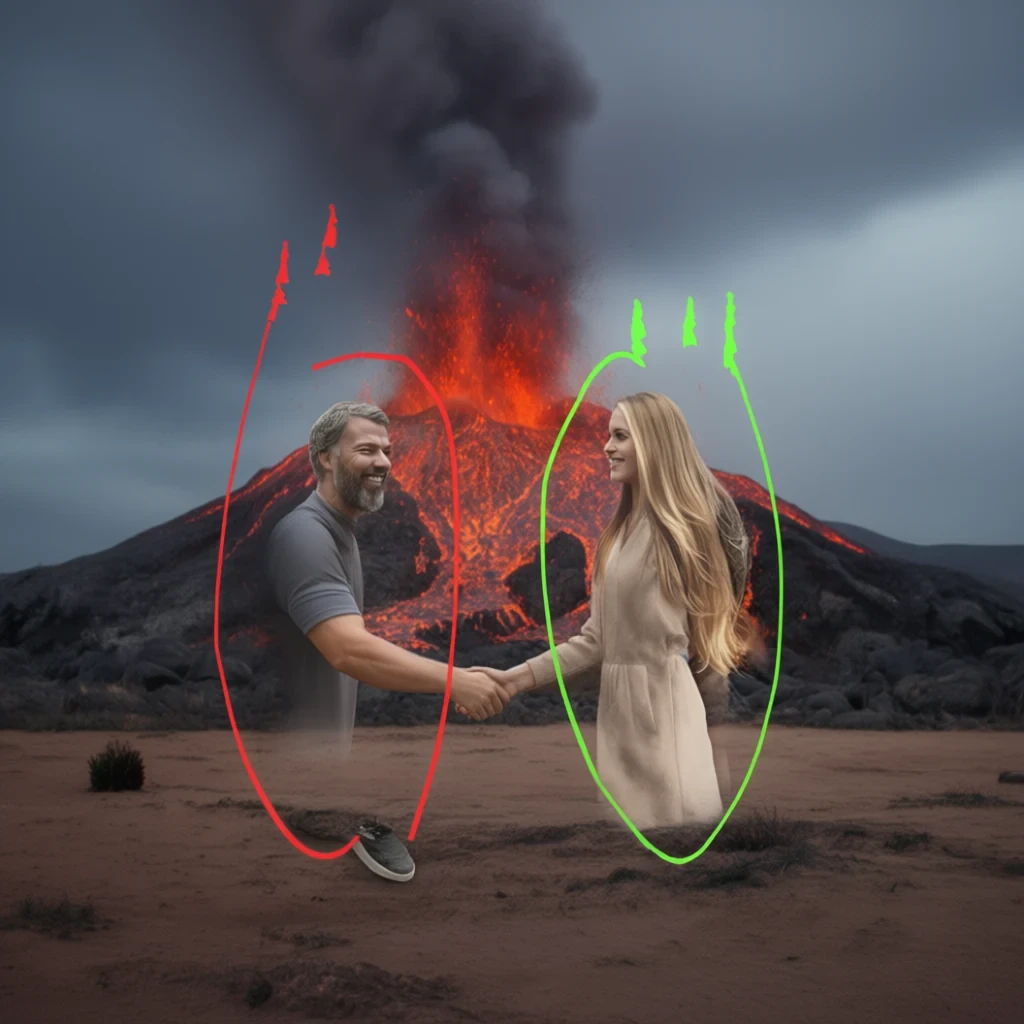 Qwen-Edit-2509 result for A man is in the red circle, and a woman with long hair is in the green circle. They are shaking hands, with a volcano in the background.
