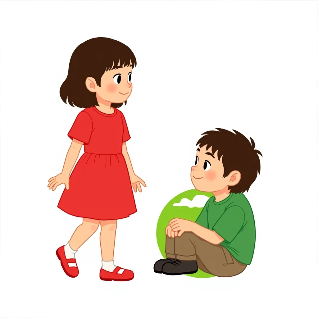 DreamOmni2 result for A girl is standing in the red circle, and a boy is sitting in the green circle. They are watching the sunset.