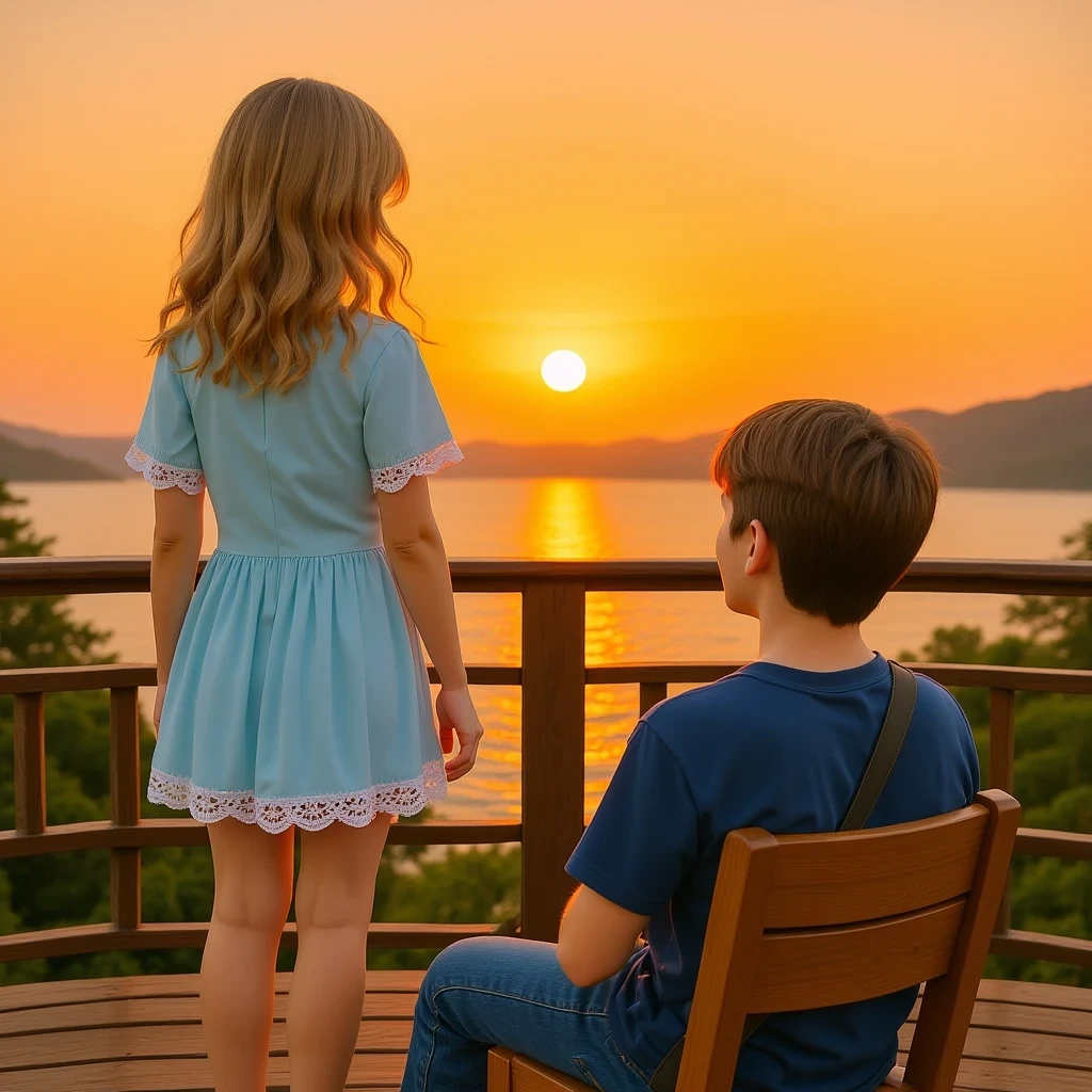 DreamOmni3 result for A girl is standing in the red circle, and a boy is sitting in the green circle. They are watching the sunset.