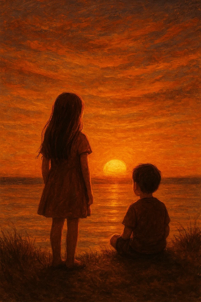 GPT-4o result for A girl is standing in the red circle, and a boy is sitting in the green circle. They are watching the sunset.