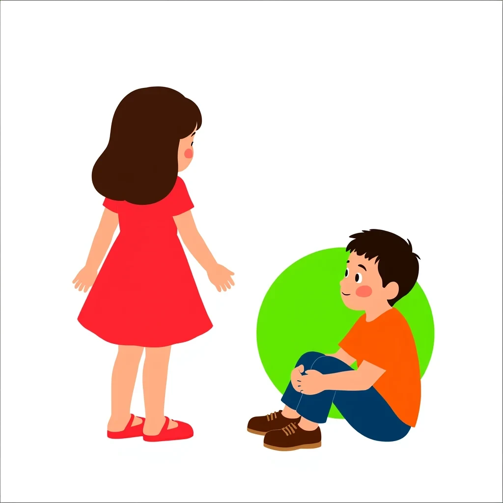 Kontext result for A girl is standing in the red circle, and a boy is sitting in the green circle. They are watching the sunset.