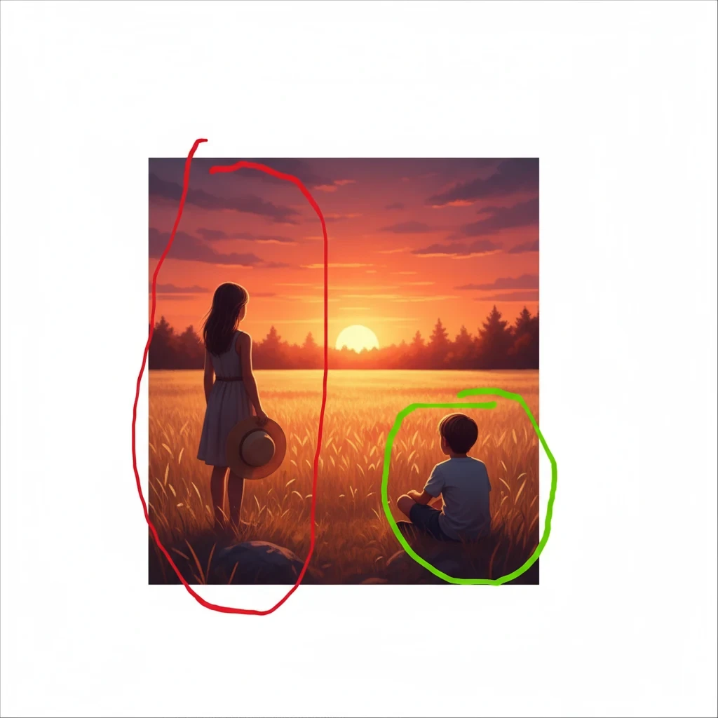 Nano Banana result for A girl is standing in the red circle, and a boy is sitting in the green circle. They are watching the sunset.