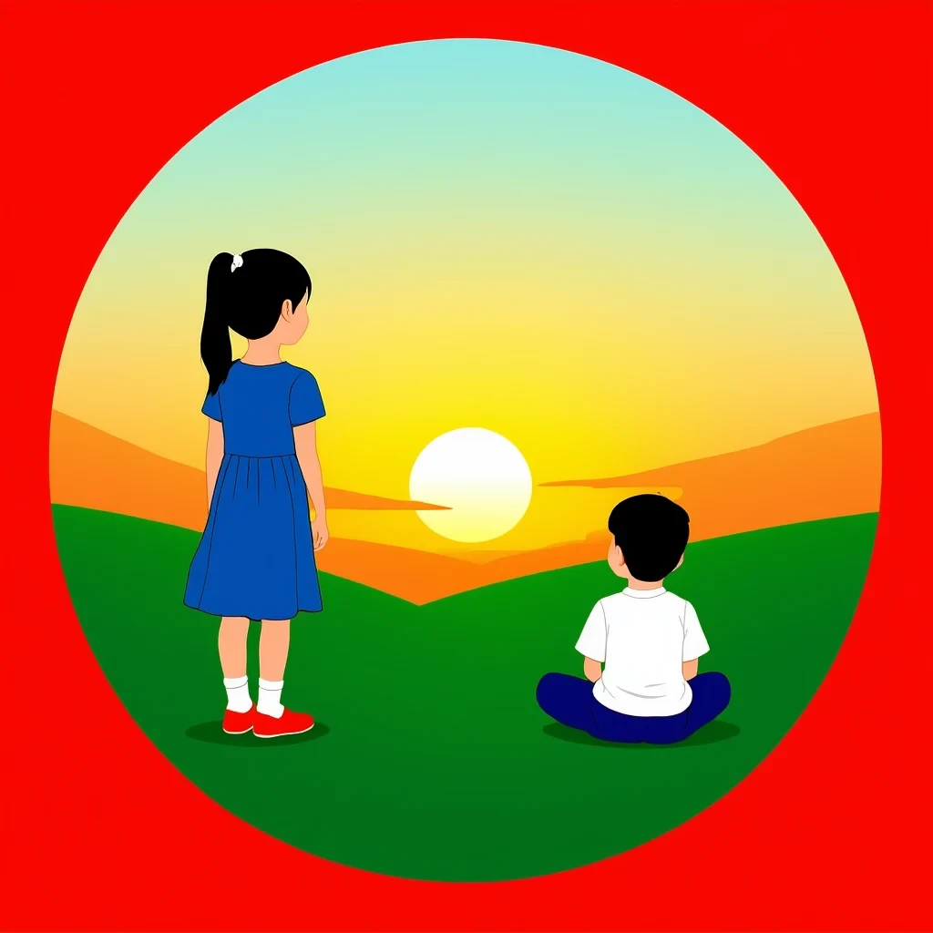 OmniGen2 result for A girl is standing in the red circle, and a boy is sitting in the green circle. They are watching the sunset.