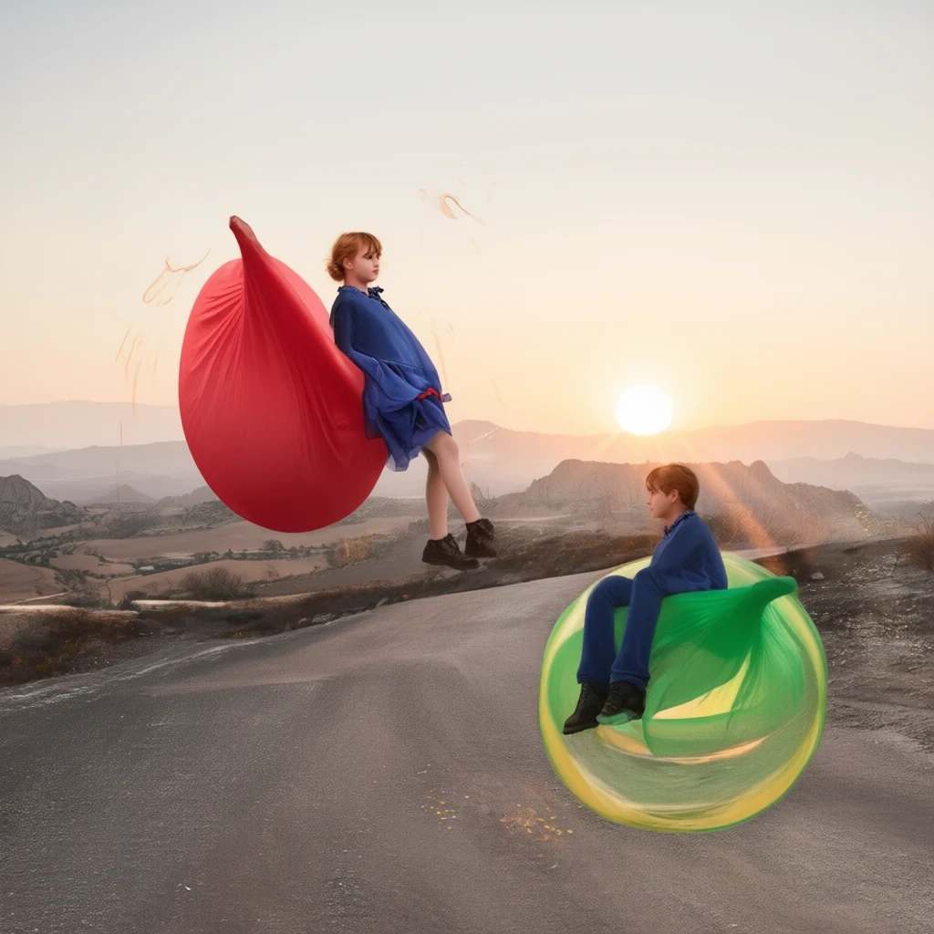Qwen-Edit-2509 result for A girl is standing in the red circle, and a boy is sitting in the green circle. They are watching the sunset.