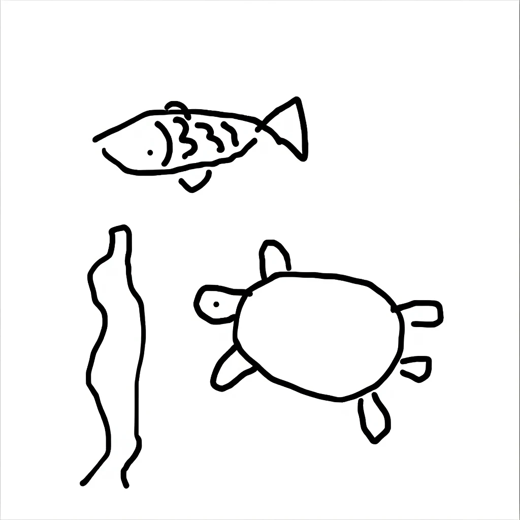DreamOmni2 result for Fish, turtle, and seaweed in the ocean world. Render them realistically.
