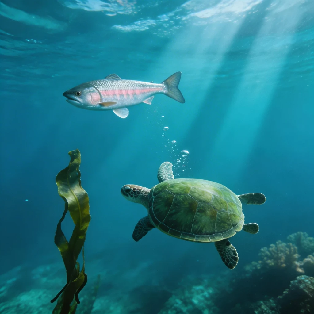 DreamOmni3 result for Fish, turtle, and seaweed in the ocean world. Render them realistically.