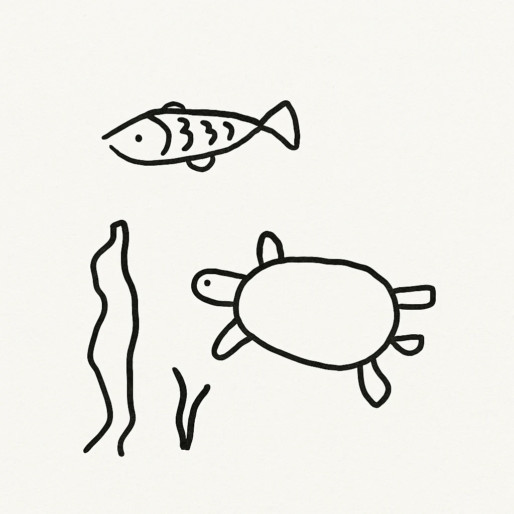 GPT-4o result for Fish, turtle, and seaweed in the ocean world. Render them realistically.