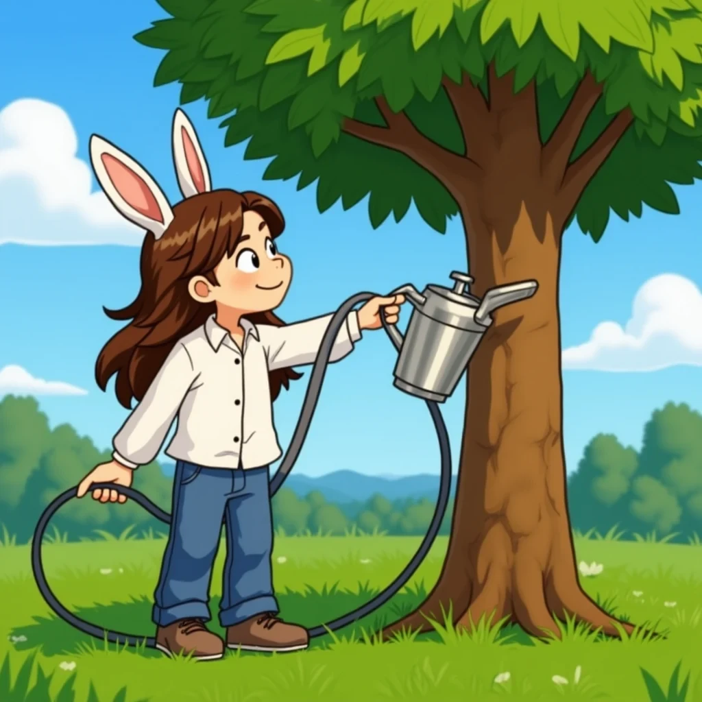 DreamOmni3 result for A person with rabbit ears is watering a tree.