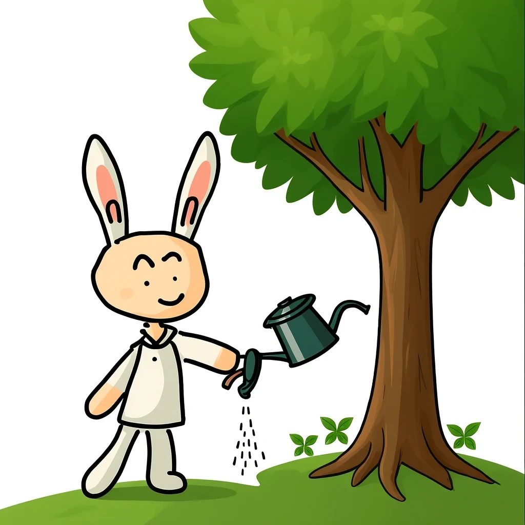 OmniGen2 result for A person with rabbit ears is watering a tree.