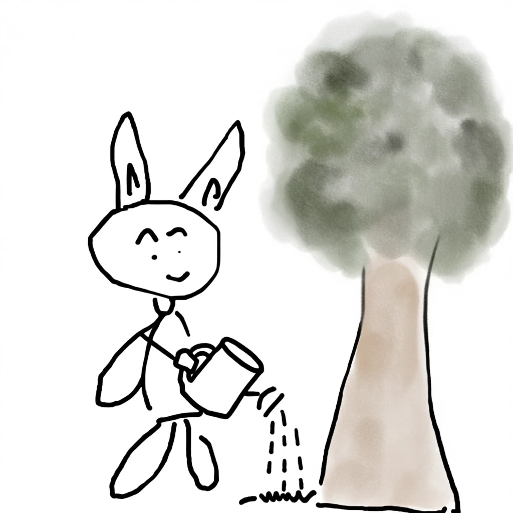 Qwen-Edit-2509 result for A person with rabbit ears is watering a tree.