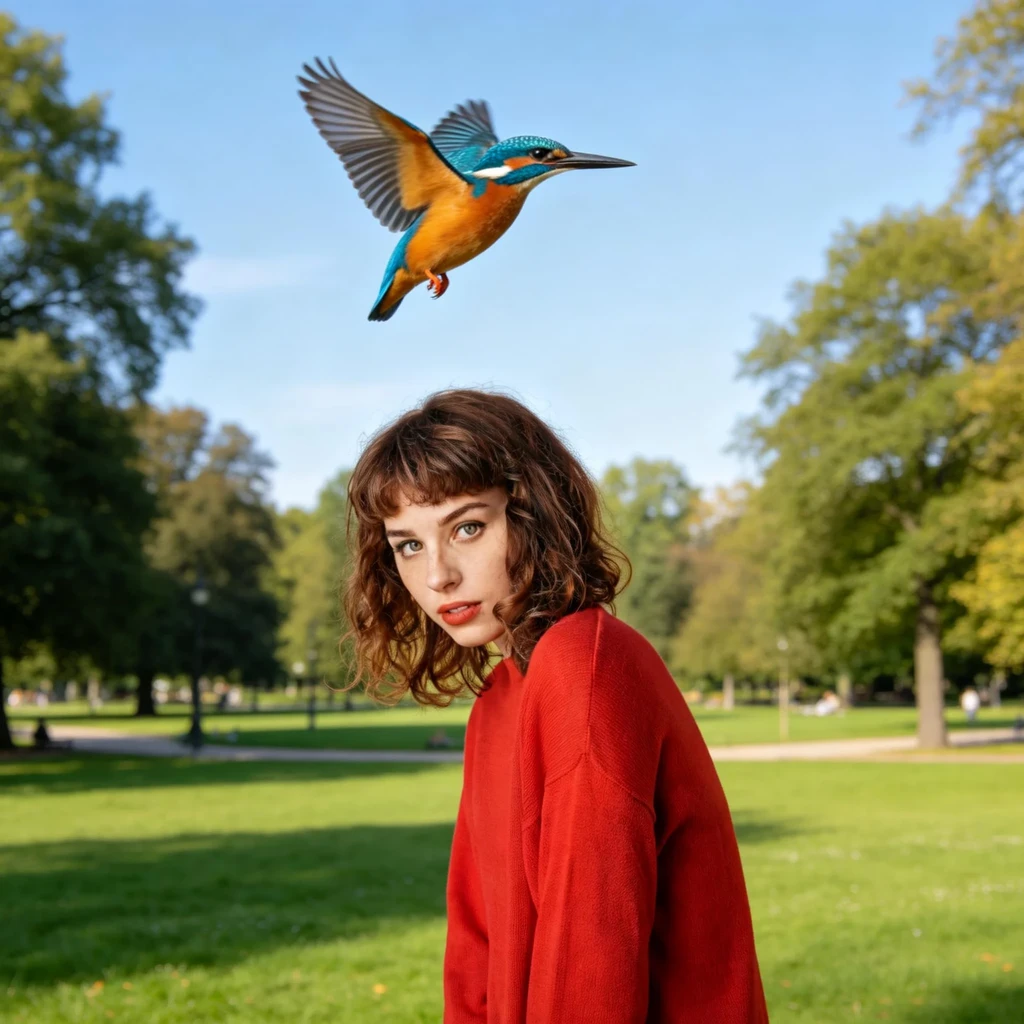DreamOmni3 result for The woman from image 2 is standing in the black circle of image 1, and the bird from image 3 is flying in the red square of image 1. The background is a park.